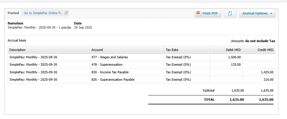 Xero manual journal showing SimplePay monthly payroll entries with wages, tax expense, and payables